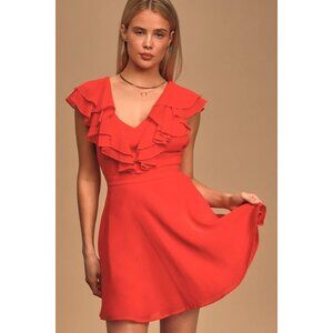 Lulus Womens Large True Affection Red Ruffled Skater Dress Sleeveless V Neck